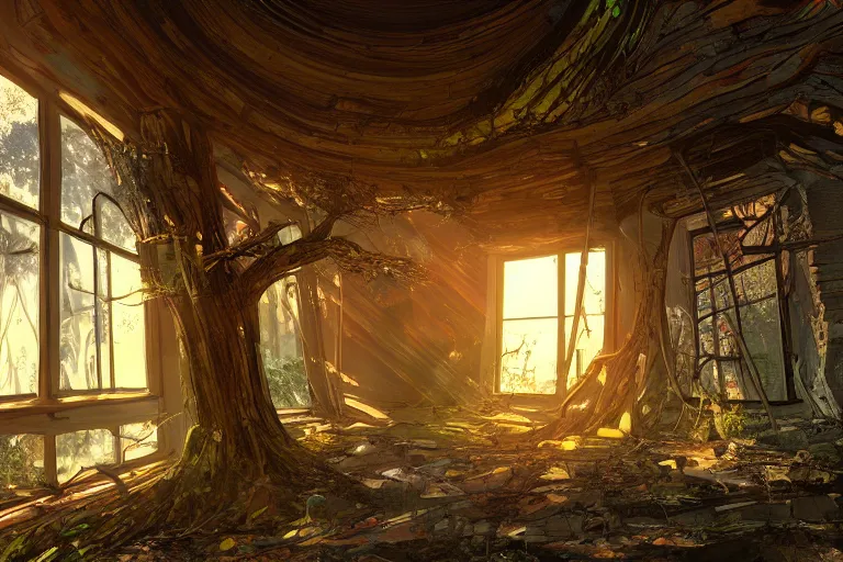 Image similar to the interior of an old abandoned sci - fi house an old oak tree grows inside the house golden rays of sunlight enter through the window old red neon lights digital art trending artstation