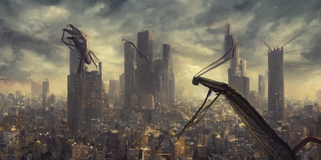 Image similar to giant Praying mantis attacking Tokyo, Greg Rutkowski, Frank Miller, trending on Artstation, 8K, ultra wide angle, establishing shot, pincushion lens effect, zenith view