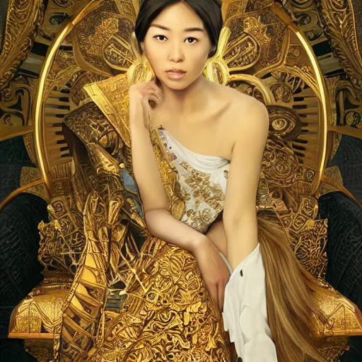 Image similar to a young asian woman with shoulder length hair and strong facial bone structure, queen and ruler of the universe, sitting on her throne, young handsome caucasian men kneeling at her feet, digital painting, highly detailed, intricate, elegant, trending on artstation, art by greg rutkwowski, artgerm, wlop, alphonse mucha