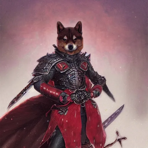 Image similar to anthropomorphic shiba inu, wearing anime berserk armor and sword, darkness aura red light, fantasy, dark, portrait art by donato giancola and greg rutkowski, realistic face, digital art, trending on artstation, symmetry