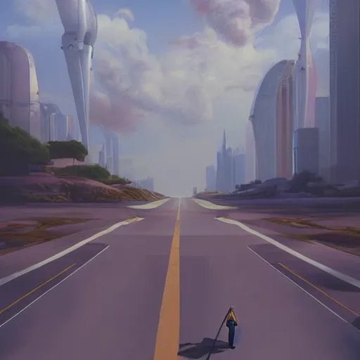 Prompt: a painting of a person standing on a road, concept art by chris labrooy, cgsociety, retrofuturism, sci - fi, concept art, futuristic