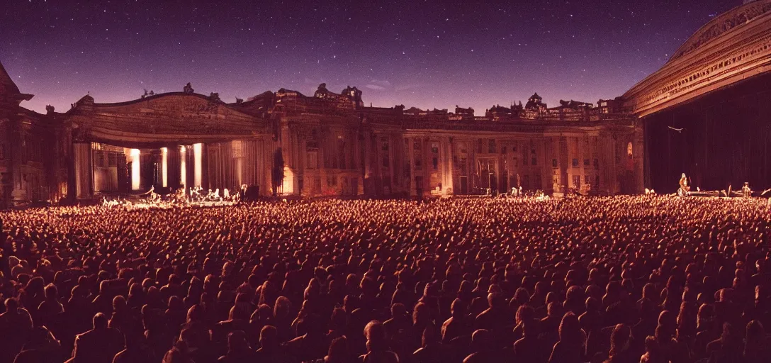 Image similar to a very high resolution image from a new movie. a beautiful concert during the night. photorealistic, photography, directed by stanley kubrick