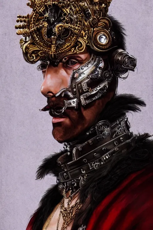 Prompt: epic, portrait, headshot, digital painting, of a 1 7 th century, decadent, cyborg king!, metal - faced, techno - melded with is throne!, dark hair, piercings, amber jewels, baroque!, ornate dark red opulent clothing, scifi, futuristic, realistic, hyperdetailed, concept art, rule of thirds, mannerism