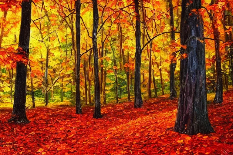 Image similar to oil painting of a forest in autumn, leafs falling, dramatic lighting, colorful, autumn colors