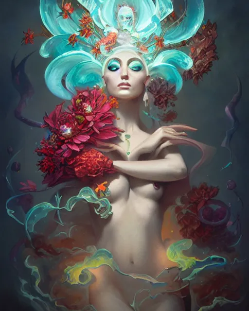 Image similar to liquid magma priestess adorned with flowers and gemstones, artgerm, peter mohrbacher, jesper ejsing, photorealism, highly detailed portrait, volumetric lighting