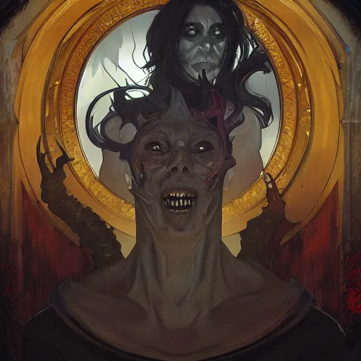 Prompt: hyper realistic portrait of a Necronomicon demon character in a hell portal in a film, art by artery and Greg Rutkowski and alphonse mucha