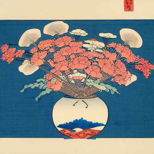 Image similar to bouquet of flowers, centered, symmetrical, ukiyo-e style, Hokusai, Hiroshige