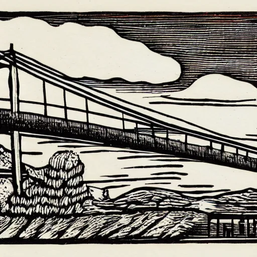 Image similar to small steel suspension bridge built in 1 9 2 8, side view, puffy clouds in background, woodcut style, rubber stamp, 8 k