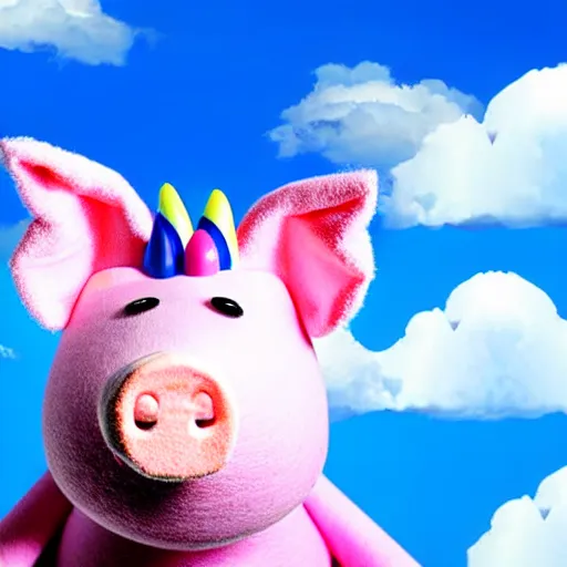 Image similar to studio photograph of a flying pig with unicorn horn depicted as a muppet in a blue sky with cotton ball clouds