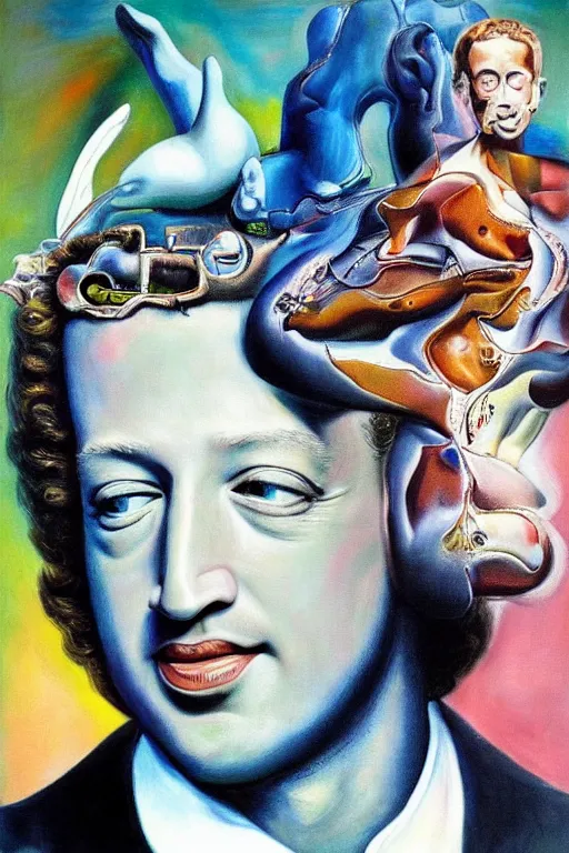 Image similar to photorealistic painting of mark zuckerberg as leda atomica by salvador dali, hyperdetailed, centered, masterpiece, surrealism