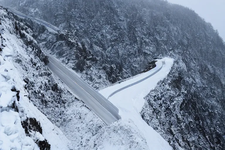 Image similar to a dangerous winding road route on an icy snowy cliff edge, blizzard, photo