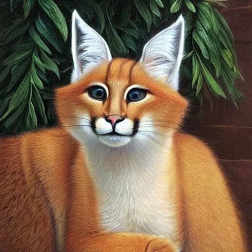 Prompt: cute fluffy caracal wearing laurel wreath, illustration, high detail, francine van hove