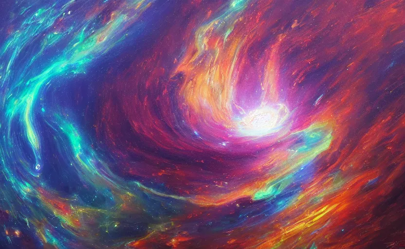 Image similar to an abstract oil painting of an unbelievably beautiful space nebula; all swirling light and fire; hyper-detailed; an extraordinary masterpiece!!!; flawless; trending on artstation