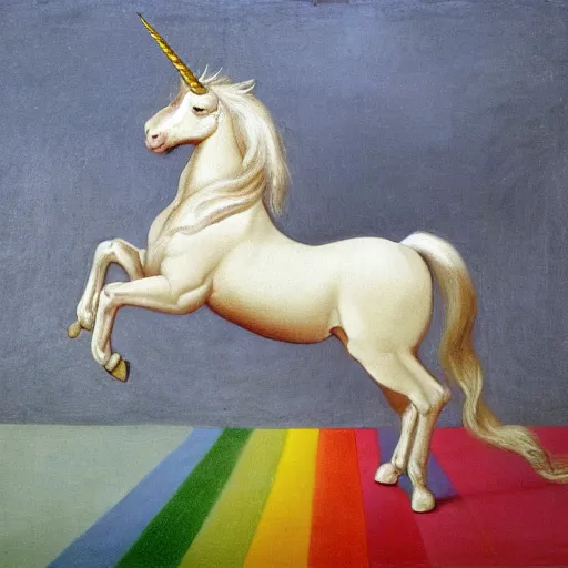 Prompt: a unicorn walking on rainbow in the style of caravaggio