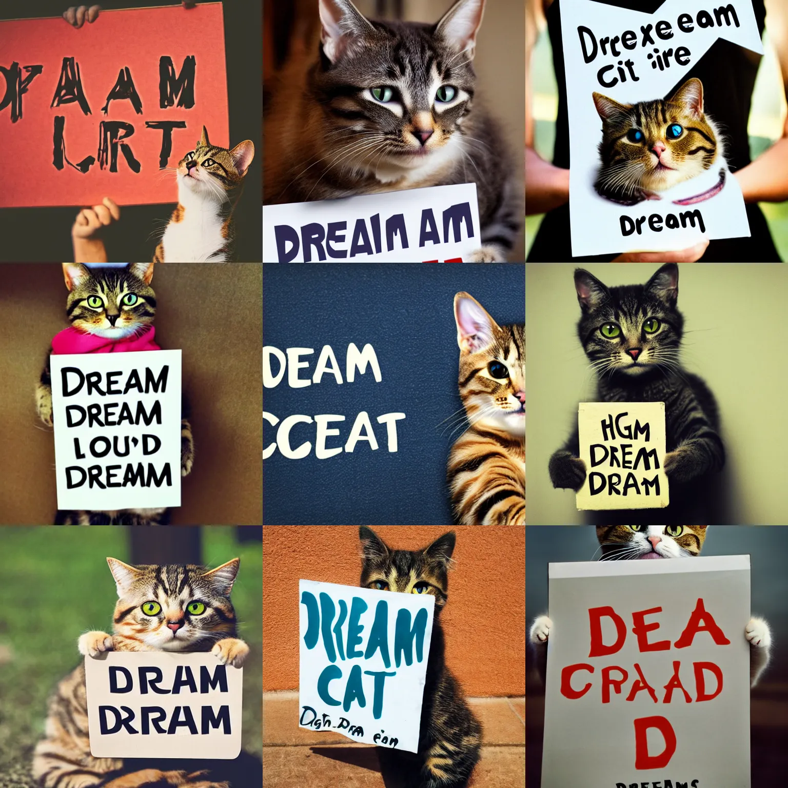 Image similar to realistic high quality photo of a cute cat holding a sign with text that reads : dream cat