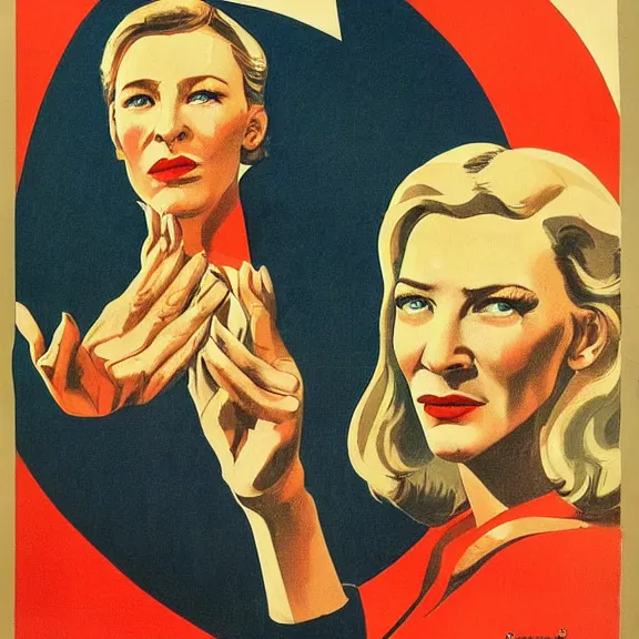 Image similar to soviet propaganda poster with cate blanchett calling on the world community to fight against Nazism, Ultra Detailed, soviet realism