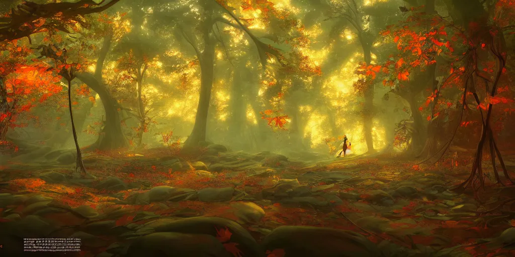 Prompt: a forest in autumn by michael whelan and tomer hanuka, dofus video game rendering, full of details, by makoto shinkai and thomas kinkade, matte painting, trending on artstation and unreal engine