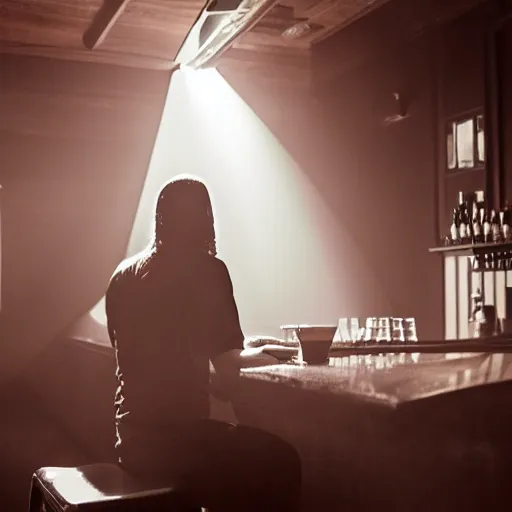 Image similar to a still of jesus sitting down on a stool at the bar, last call. it's dark and smoky. god rays through fog.