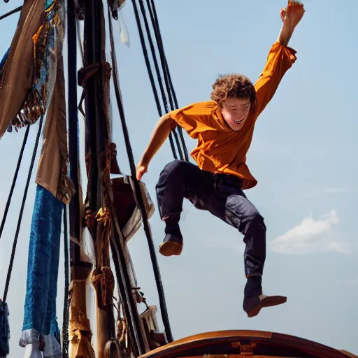 Image similar to a young man jumping on a pirate ship