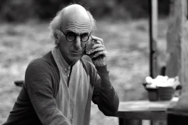 Prompt: larry david eating a sandwich, the blair witch project film still, greyscale