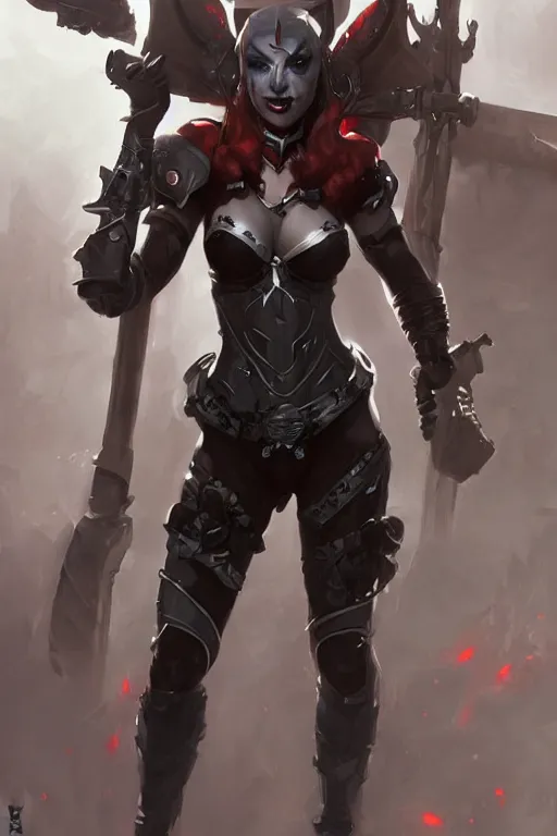 Image similar to portrait of dark eldar Harley Quinn in bikini armor, dc comics, cyberpunk, Warhammer 40000, dark fantasy, digital art from artstation by Ruan Jia and Mandy Jurgens and Artgerm and william-adolphe bouguereau