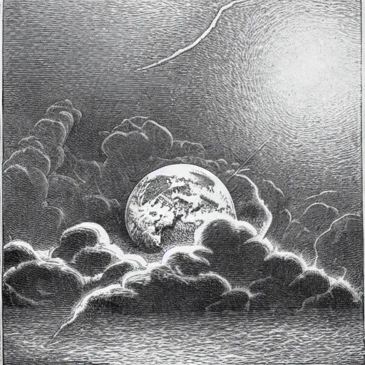 Image similar to in the beginning god created the heavens and the earth. 2 now the earth was formless and empty, darkness was over the surface of the deep, and the spirit of god was hovering over the waters. illustration by gustave dore