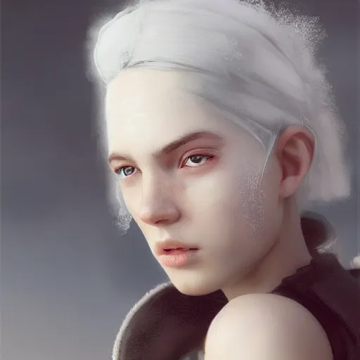 Image similar to a white haired girl wearing earmuffs with cyborg eyes, digital art, 8 k resolution, unreal engine, highly detailed, pretty face, very beautiful face, very detailed eyes, photorealistic by wlop, greg rutkowski