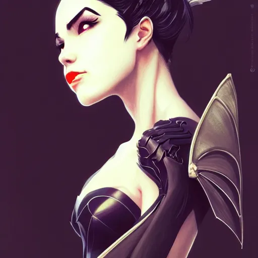 Image similar to 3 / 4 view of a portrait of bat woman with bat wings, confident pose, pixie, genshin impact,, intricate, elegant, sharp focus, illustration, highly detailed, concept art, matte, trending on artstation, anime, art by wlop and artgerm and greg rutkowski, marvel comics h 6 4 0