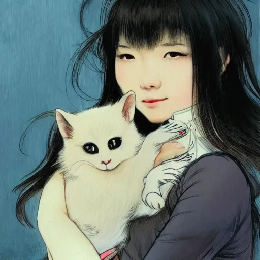 Image similar to cute emo taiwanese woman, with long dark hair, thick eyebrows!!! dark eyes and dark circles!, wide nose!!!, big eyes, oval face shape, big cheeks!, she is holding a cat in her arms, by juan villafuerte, greg rutkowski and alphonse mucha, pexels contest winner, high quality photo, hd rtx