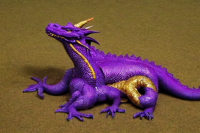 Prompt: a purple and gold dragon laying on its back, relaxing dragon