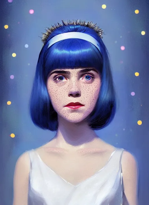 Image similar to portrait of kiernan shipka with freckles, white hair, big 1 9 6 0 s bob hairstyle with bangs and hairband, blue 1 9 6 0 s dress, intricate, elegant, glowing lights, highly detailed, digital painting, artstation, concept art, smooth, sharp focus, illustration, art by wlop, mars ravelo and greg rutkowski