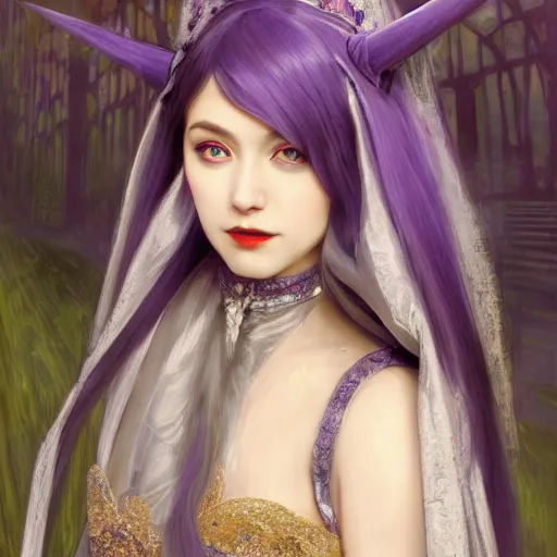 Prompt: an extremely detailed matte painting hatsune miku as a vampire queen in a resplendant and beautiful purple dress as a masquerade ball, epic fantasy, viewed in profile from far away, sharp focus, detailed face, art by greg rutkowski and alphonse mucha, volumetric lighting, 4 k resolution, artstation