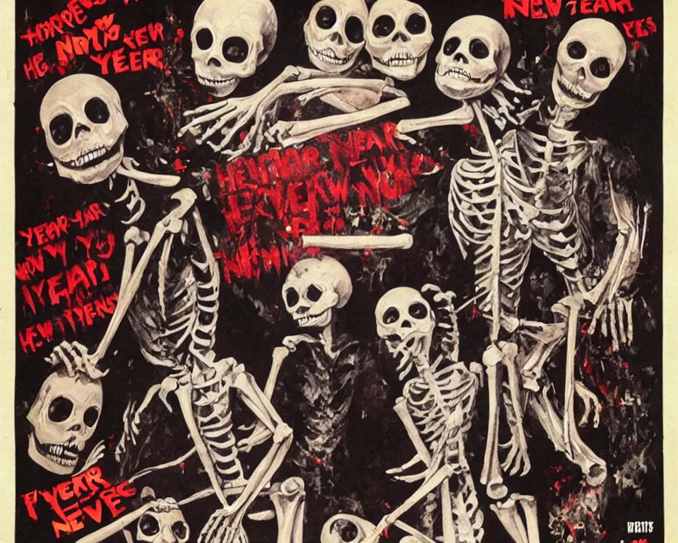 Image similar to a horror movie poster featuring new years eve skeletons