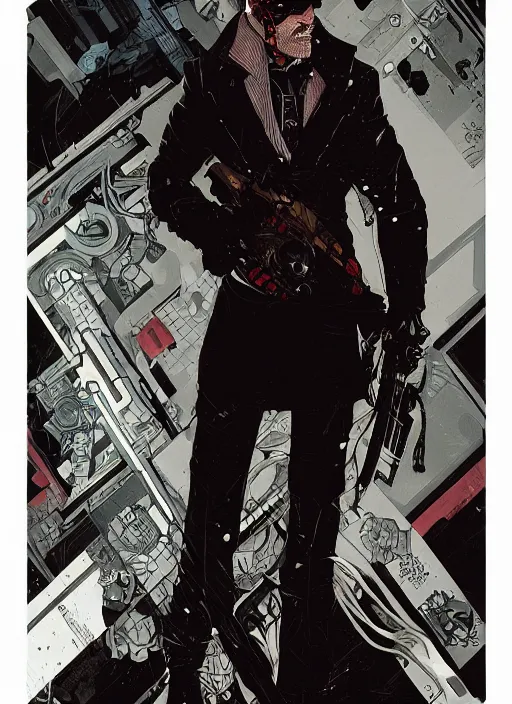 Prompt: the gentleman. cyberpunk assassin. portrait by ashley wood and alphonse mucha and laurie greasley and josan gonzalez. illustration, pop art, cinematic. realistic proportions. moody industrial setting. artstationhq. smooth. sharp focus.