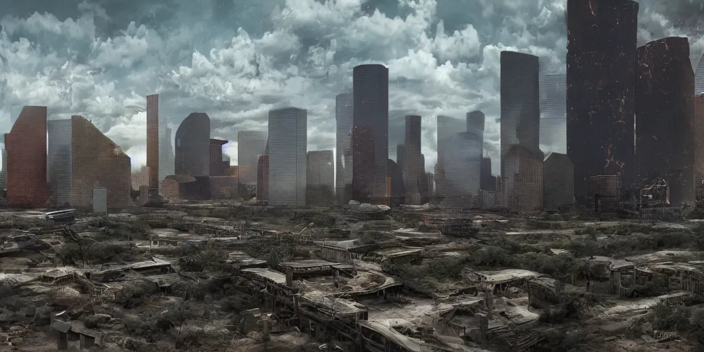 Image similar to Post apocalyptic houston texas matte painting concept art 4k