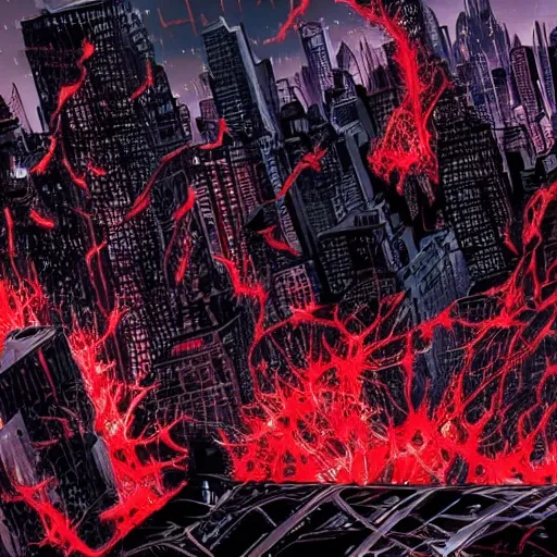 Image similar to carnage symbiote destroying new york city on a dark and gloomy night