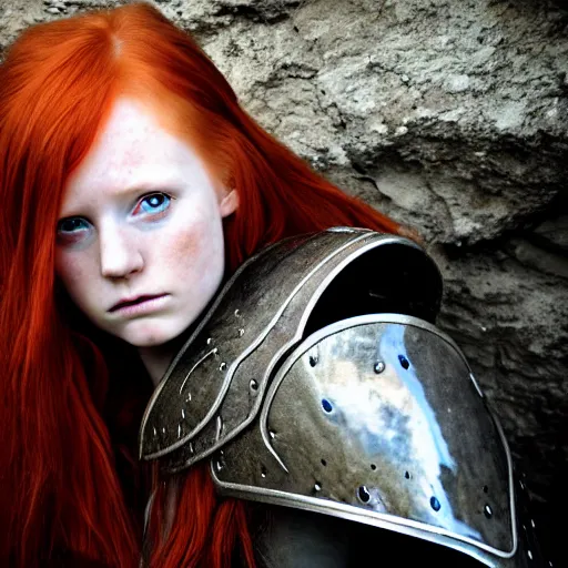 Image similar to north girl, adult, warrior, red hair, ginger hair, fantasy, high detailed, photography, cloudy, lightweight armor, Scandinavia, plain, Authentic, detailed face, cute face, spear in hand