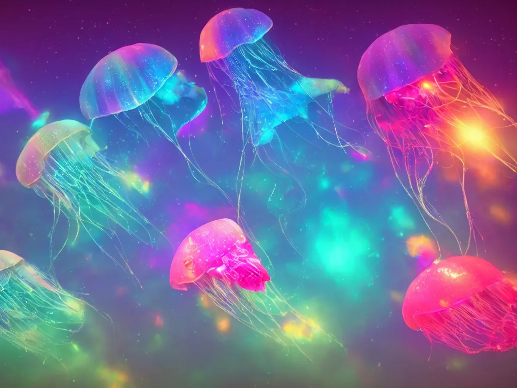 Image similar to three jellyfish swimming in a colorful nebula with shafts of light under a rainbow, trending on artstation, rendered in cinema 4 d, 8 k 3 d, cgsociety, zbrush, volumetric light, lightrays, cinematic, atmospheric, octane render, flickr, filmic, cryengine