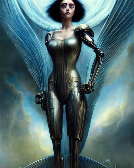 Image similar to karol bak and tom bagshaw and bastien lecouffe - deharme full body character portrait of alita battle angel as galadriel, floating in a powerful zen state, supermodel, beautiful and ominous, wearing combination of mecha and bodysuit made of wires and silk, machinery enveloping nature in the background, scifi character render