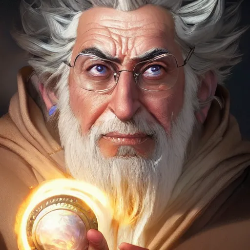 Image similar to Closeup of realistic Rick Sanchez, fantasy, intricate, elegant, highly detailed, digital painting, artstation, concept art, matte, sharp focus, illustration, hearthstone, art by Artgerm and Greg Rutkowski and Alphonse Mucha