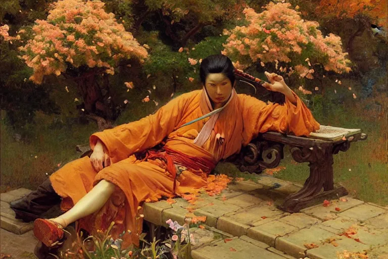 Prompt: wuxia, autumn, male rest in the garden, apricot flower falling, painting by gaston bussiere, craig mullins, j. c. leyendecker