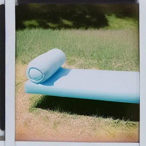 Image similar to a pastel coloured Polaroid photo of a sun lounger surrounded by soft spheres, both made of transparent iridescent perspex stood centrally in a field, beams of light, nostalgic