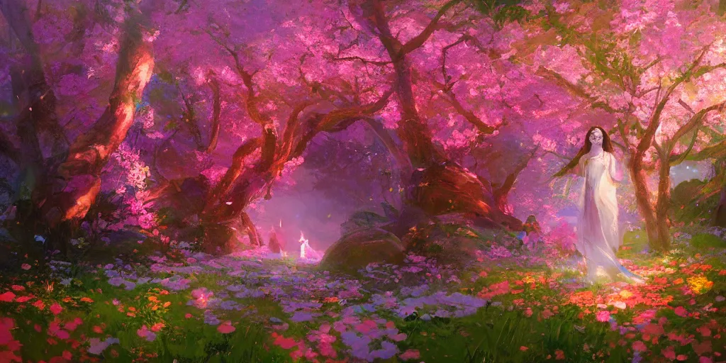 Image similar to spiritual journey through an infinite glowing colorful magical forest, sakura trees, sakura season dynamic lighting, landscape, artwork by jeremy lipkin and giuseppe dangelico pino and michael garmash and rob rey and greg manchess and huang guangjian and makoto shinkai, pixiv, 1 0 0 mm