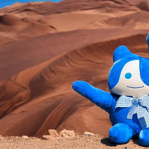 Prompt: blue'snappy gifts'logo human - sized plush doll, looking at the camera, in the desert, holding gift, happy atmosphere, high detail, 8 k