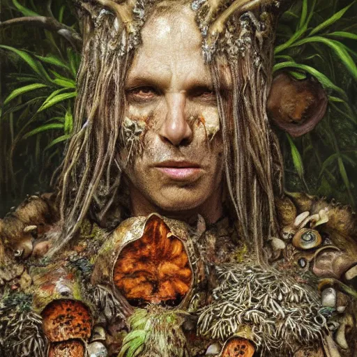 Image similar to detailed realistic body portrait of a ratfolk druid in wooden armor, covered in fungus and mushrooms, decayed plant matter, leaves, by Gerald Brom and Alan Lee, ArtStation