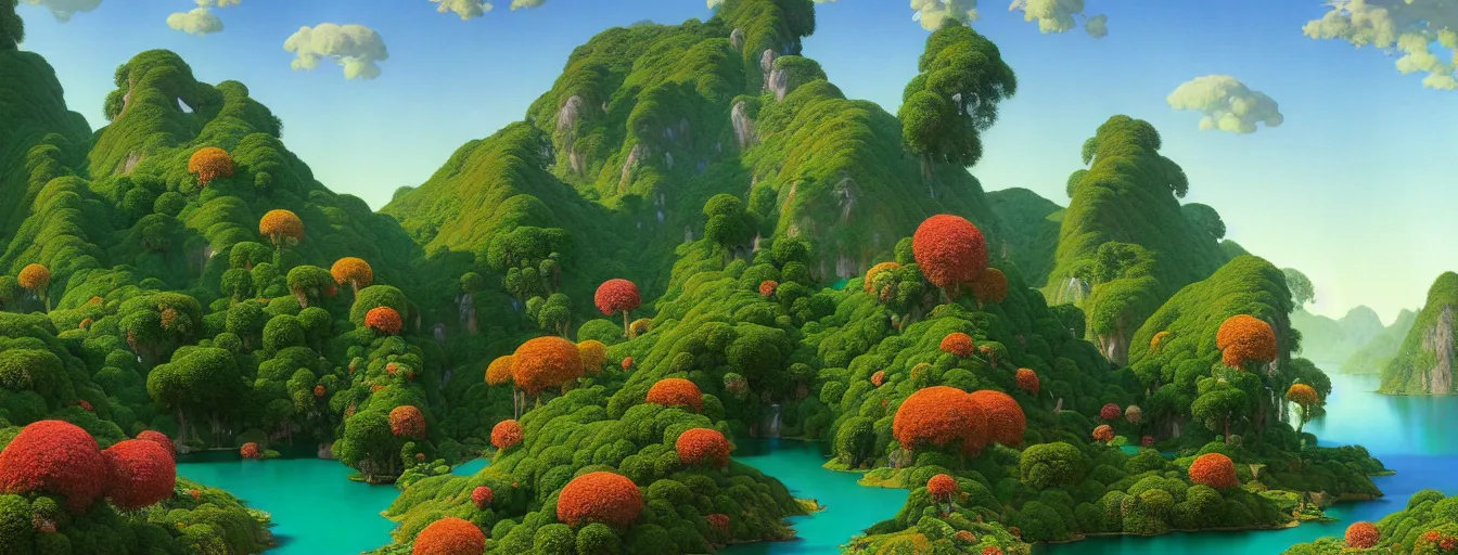 Image similar to a gorgeous very early spring series of lush islands separated by flower - lined streams, twisted gardens, flowers, fronds, painting by barlowe wayne maxfield parrish and marco mazzoni. tree no leaf!!!! china mountain village!! very little light verdancy. ultra clear detailed. 3 d, octane render. turbulent blood lake.