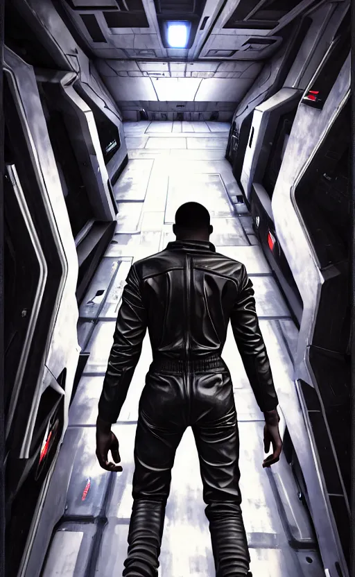 Prompt: hyper - realistic grungy spaceship interior corridor, hyper - detail, an attractive athletic black man wearing a black leather jumpsuit, running, points a blaster, anime. realistic shaded lighting by ilya kuvshinov giuseppe dangelico pino and michael garmash and rob rey, no signature, 8 k