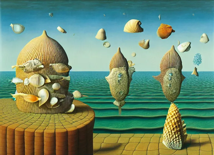 Prompt: a city with fish citizens inside the seashell, by jacek yerka by magritte, surrealistic painting, masterpiece, oil painting, sharp focus, highly detailed, intricate, smooth, 8 k,