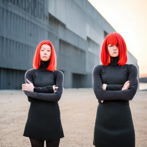 Image similar to photographic portrait of 2 clones in front of a brutalist metal building, 2 techwear women, on a desolate plain, red sky, sigma 8 5 mm f / 1. 4, 4 k, depth of field, high resolution, 4 k, 8 k, hd, full color