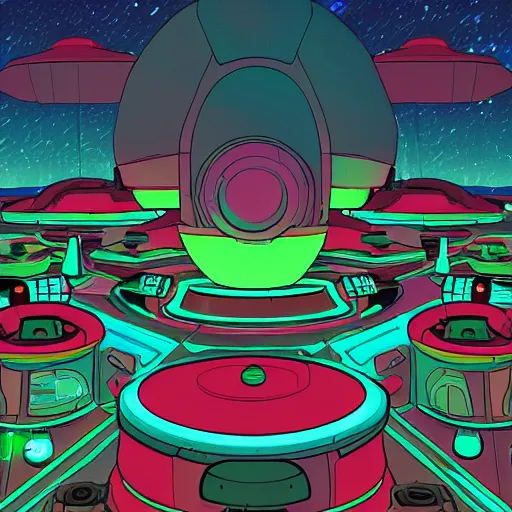 Image similar to retro sci-fi alien landscape spaceport in Rick and Morty style